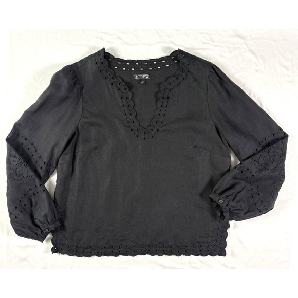J Crew Bungalow Embroidered Top S Linen Dark Cottagecore Boho Effortlesss Flowy - Picture 5 of 10